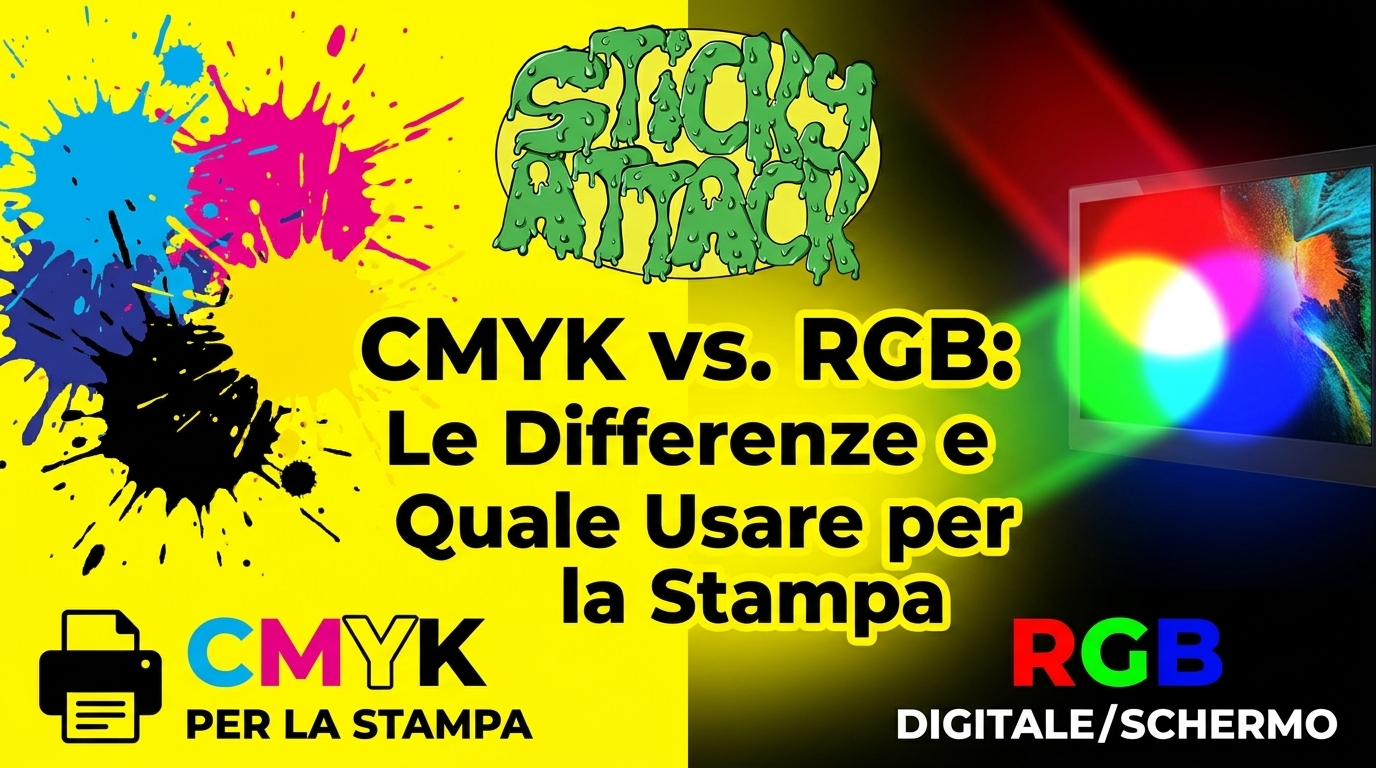 Confronto tra colori in RGB su schermo e in CMYK stampati su un adesivo