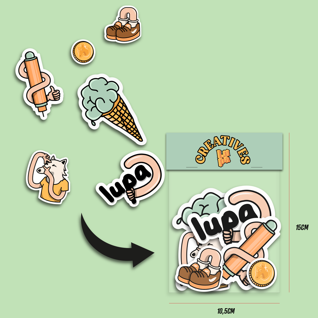 Mockup di Sticker Pack personalizzato completo con adesivi, bustina trasparente e cavallotto